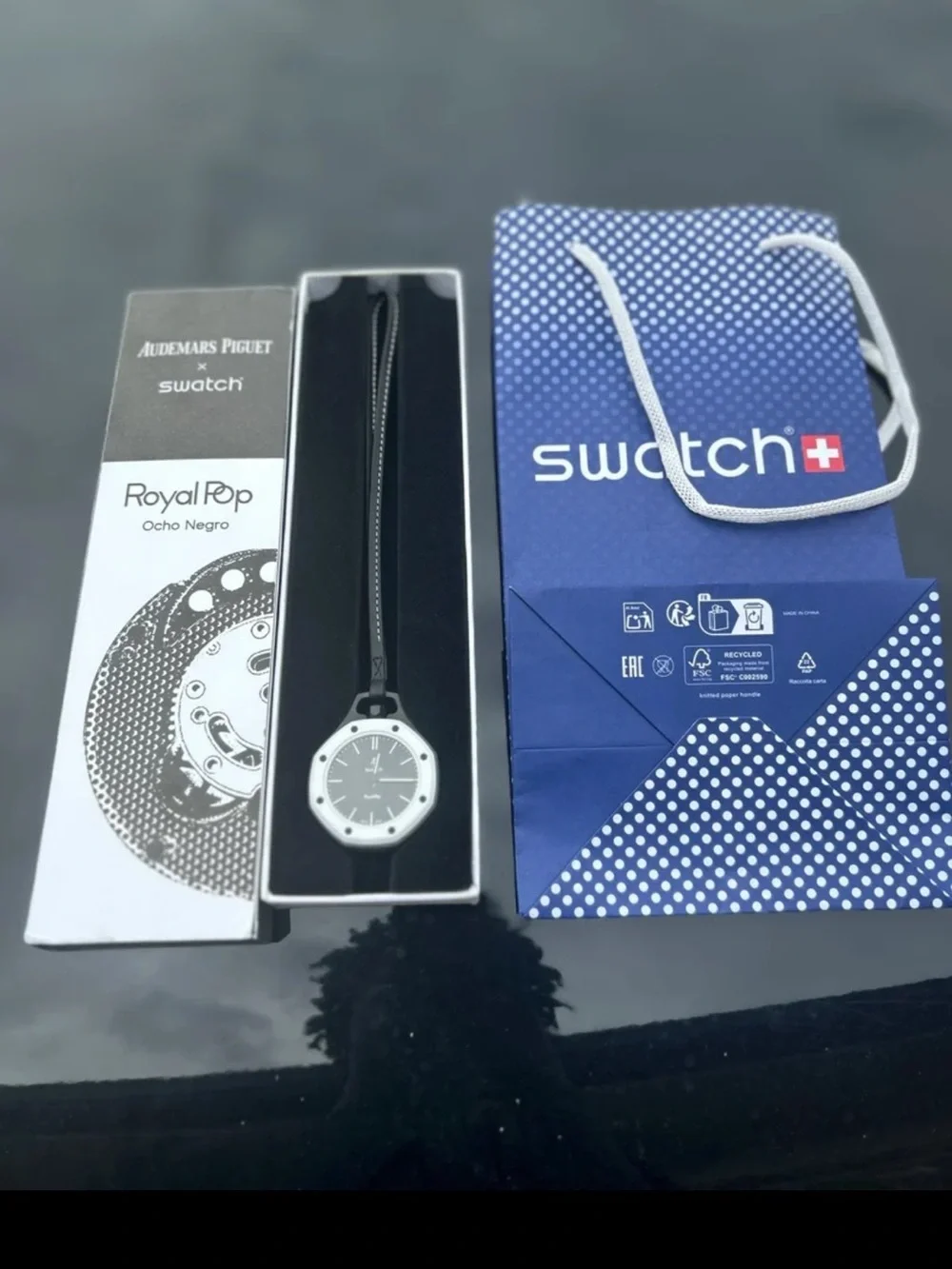 Swatch Black Dial Pocket Watch with White Bezel